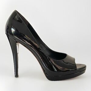 Vera Wang Peep Toe Stiletto Pumps Black Patent Leather High Heels 8 Designer